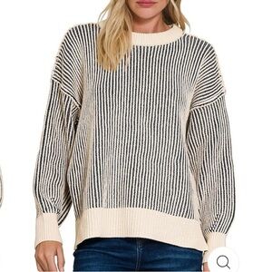 Aerie Black and Cream Striped oversized crew neck Sweater extra small
